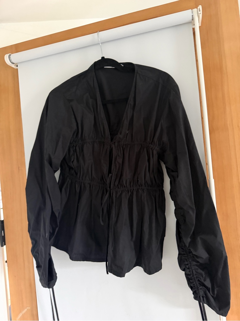 Women's Black Drawstring Utility Jacket with Ruched Sleeves